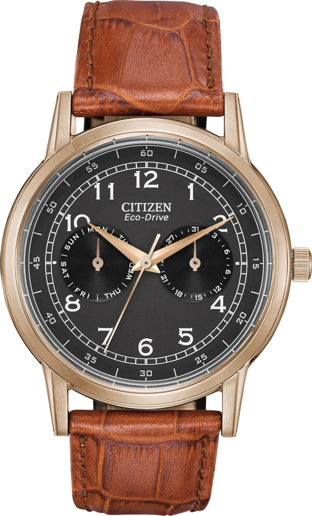 Buy Shop Citizen Eco Drive Multi Function Day & Date Black Dial Brown Leather Strap Watch For Men - AO9003-08E USA Online
