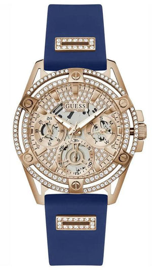 Buy Shop Guess Queen Quartz Crystals Rose Gold Dial Blue Silicone Strap Watch For Women - GW0536L5 USA Online