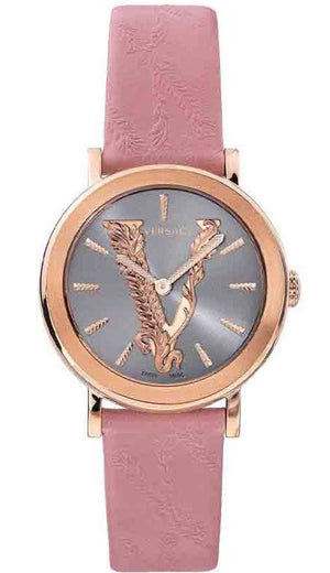 Buy Shop Versace Virtus Quartz Grey Dial Pink Leather Strap Watch for Women - VEHC00319 USA Online