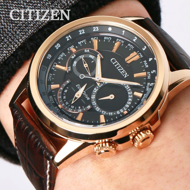 Buy Shop Citizen Eco Drive Calendrier Black Dial Brown Leather StrapWatch For Men - BU2023-12E USA Online