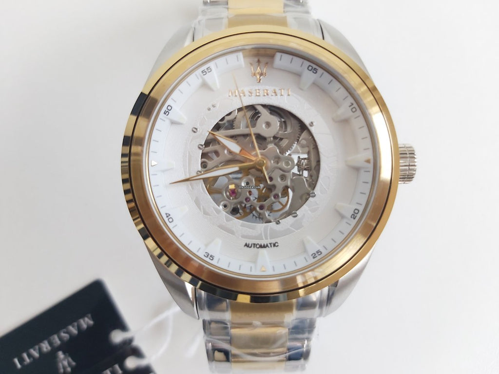 Buy Shop Maserati Traguardo Automatic White Skeleton Dial Two Tone Steel Strap Watch For Men - R8823112003 USA Online