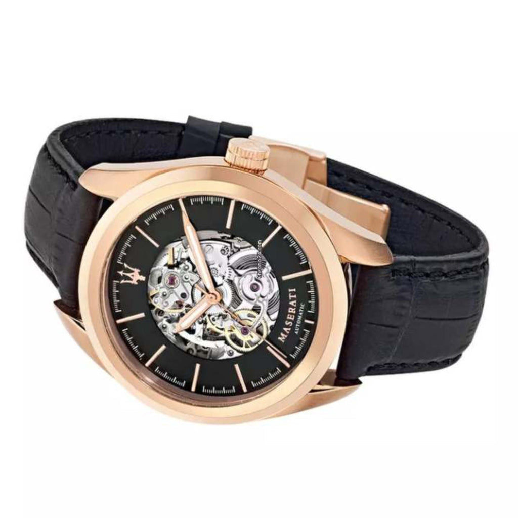 Buy Shop Maserati Traguardo Automatic Black Skeleton Dial Black Leather Strap Watch For Men - R8821112001 USA Online