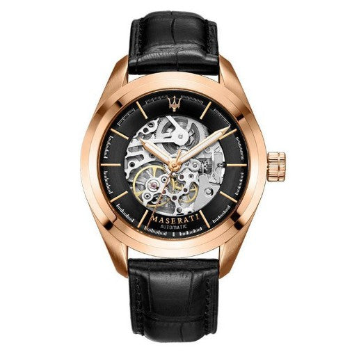Buy Shop Maserati Traguardo Automatic Black Skeleton Dial Black Leather Strap Watch For Men - R8821112001 USA Online
