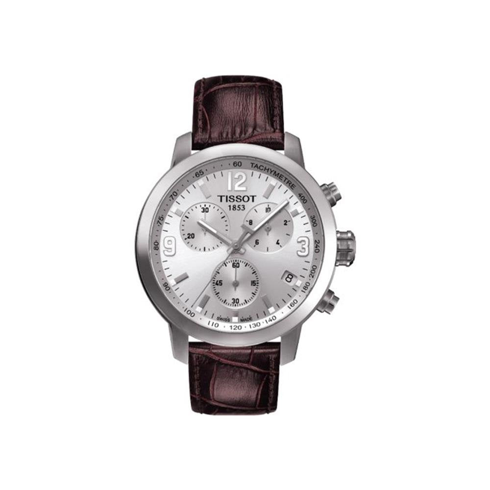 Buy Shop Tissot PRC 200 Chronograph Silver Dial Brown Leather Strap Watch For Men - T055.417.16.037.00 USA Online