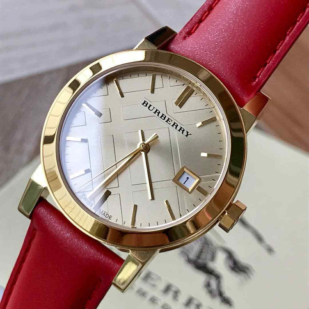 Buy Shop Burberry The City Gold Dial Red Leather Strap Watch for Women - BU9140 USA Online