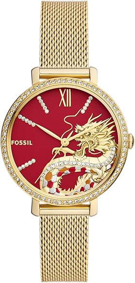 Buy Shop Fossil Jacqueline Dragonsteel Limited Edition Red Dial Gold Mesh Strap Watch for Women - ES5316 USA Online