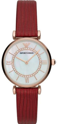 Buy Shop Emporio Armani Gianni T-Bar Analog Mother of Pearl Dial Red Leather Strap Watch For Women - AR11322 USA Online
