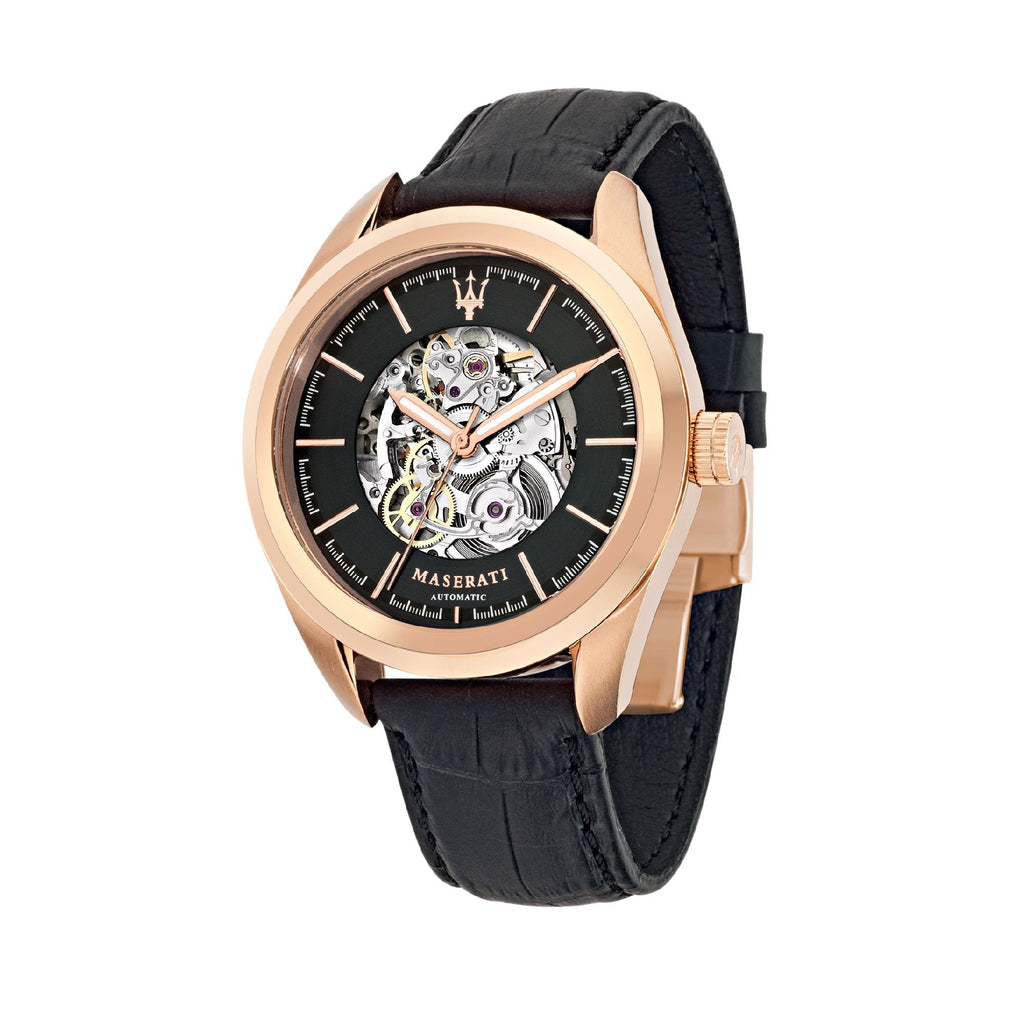Buy Shop Maserati Traguardo Automatic Black Skeleton Dial Black Leather Strap Watch For Men - R8821112001 USA Online