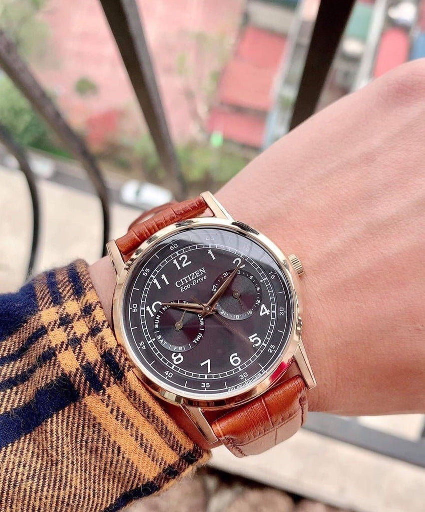 Buy Shop Citizen Eco Drive Multi Function Day & Date Black Dial Brown Leather Strap Watch For Men - AO9003-08E USA Online