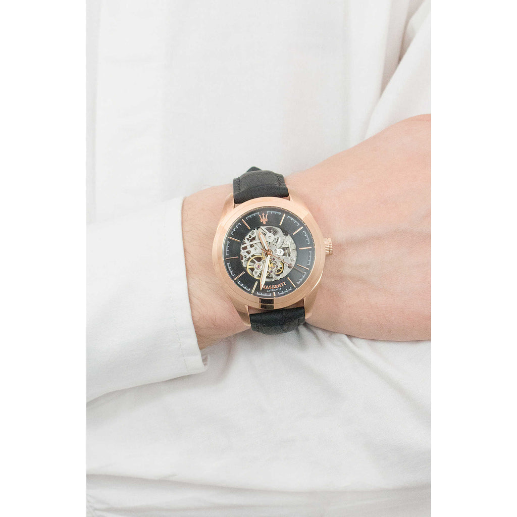 Buy Shop Maserati Traguardo Automatic Black Skeleton Dial Black Leather Strap Watch For Men - R8821112001 USA Online