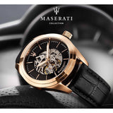 Buy Shop Maserati Traguardo Automatic Black Skeleton Dial Black Leather Strap Watch For Men - R8821112001 USA Online