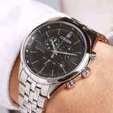 Buy Shop Citizen Eco Drive Chronograph Black Dial Silver Steel Strap Watch For Men - AT2140-55E USA Online