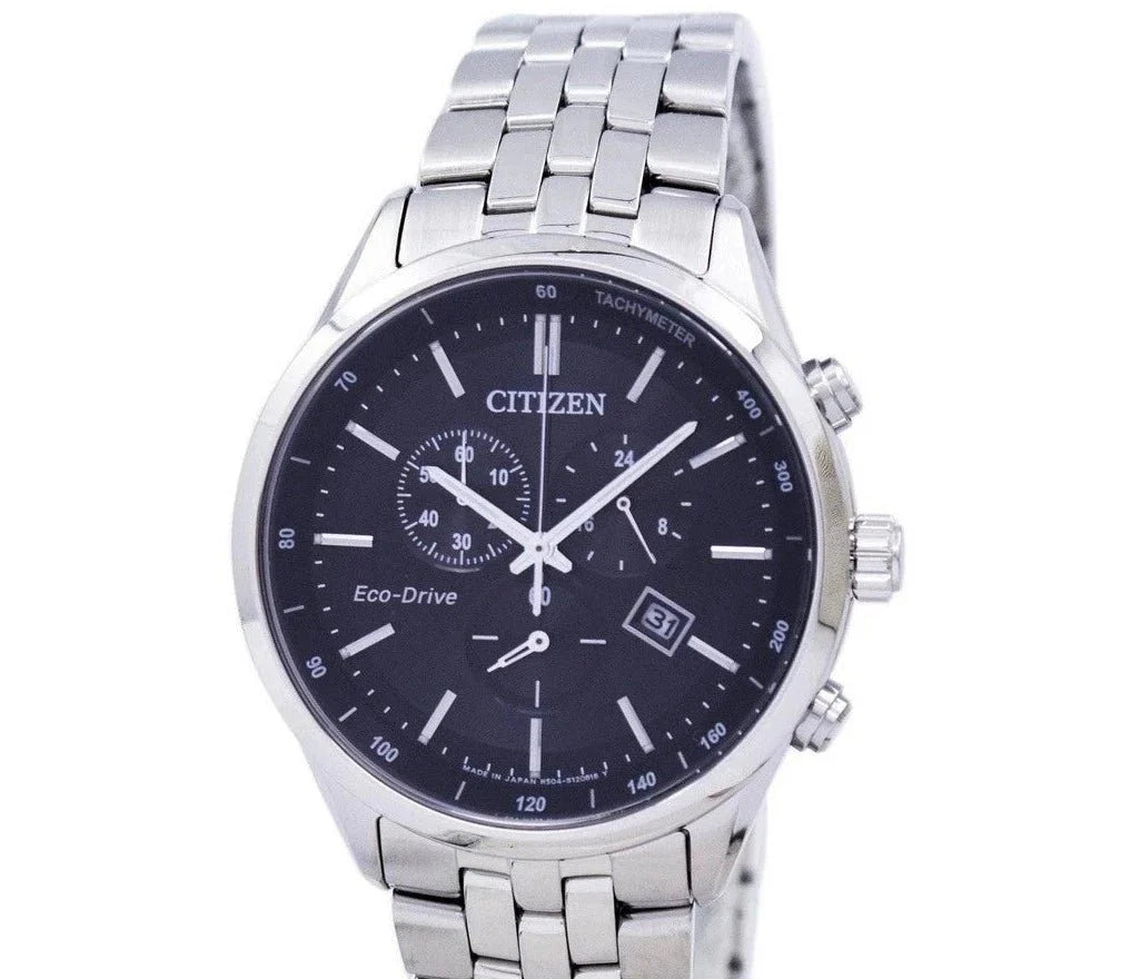 Buy Shop Citizen Eco Drive Chronograph Black Dial Silver Steel Strap Watch For Men - AT2140-55E USA Online