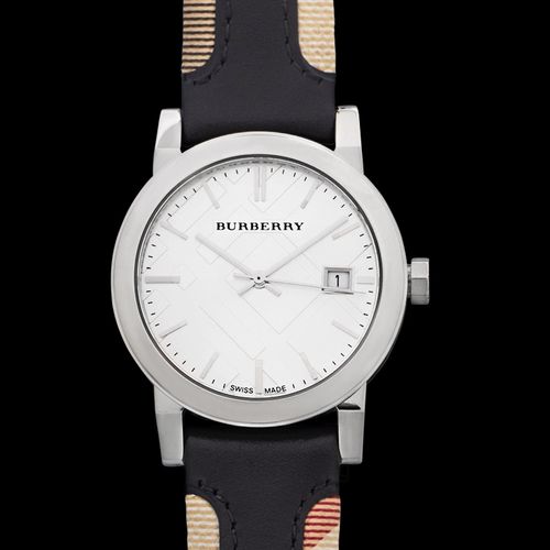 Buy Shop Burberry The City White Dial Black Haymarket Leather Strap Watch for Women - BU9150 USA Online