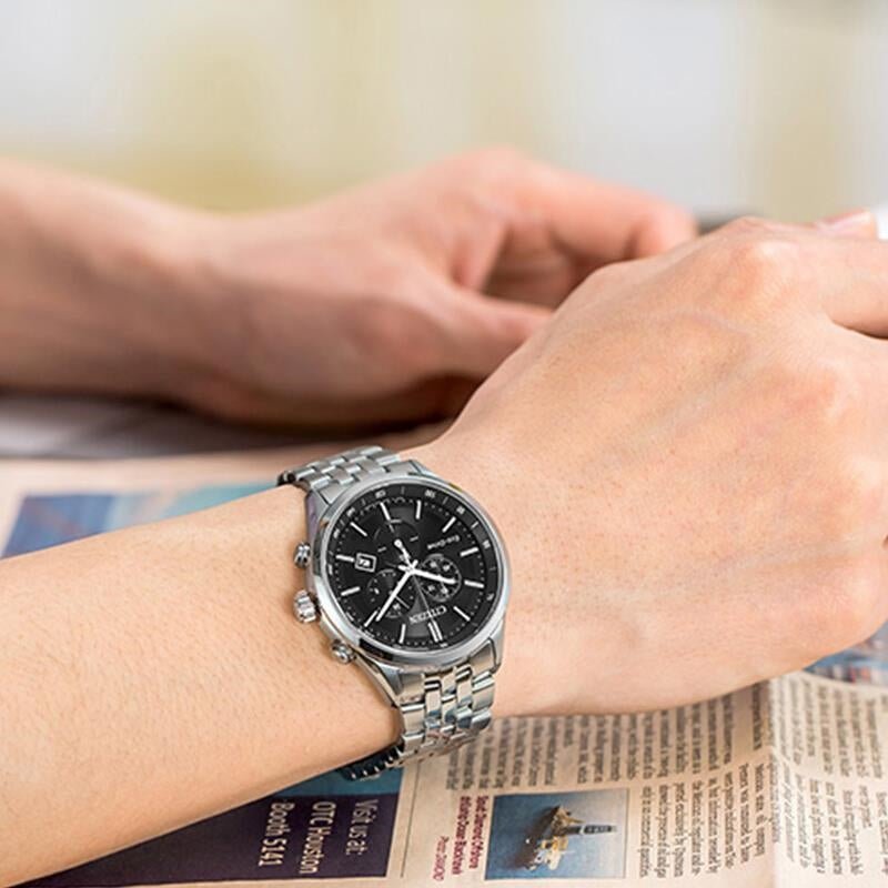 Buy Shop Citizen Eco Drive Chronograph Black Dial Silver Steel Strap Watch For Men - AT2140-55E USA Online