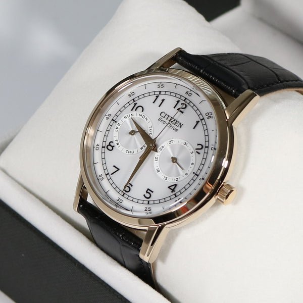 Buy Shop Citizen Watch Eco Drive Day & Date White Dial Black Leather Strap Watch For Men - AO9003-16A USA Online