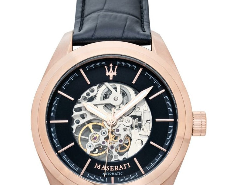 Buy Shop Maserati Traguardo Automatic Black Skeleton Dial Black Leather Strap Watch For Men - R8821112001 USA Online