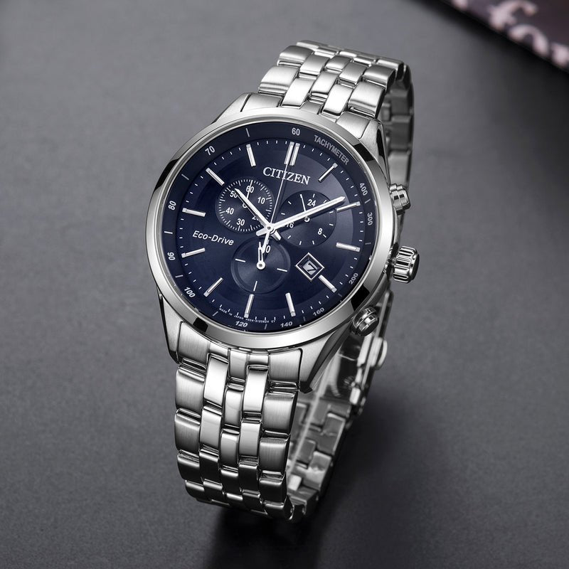 Buy Shop Citizen Eco Drive Chronograph Blue Dial Silver Steel Strap Watch For Men - AT2140-55L USA Online