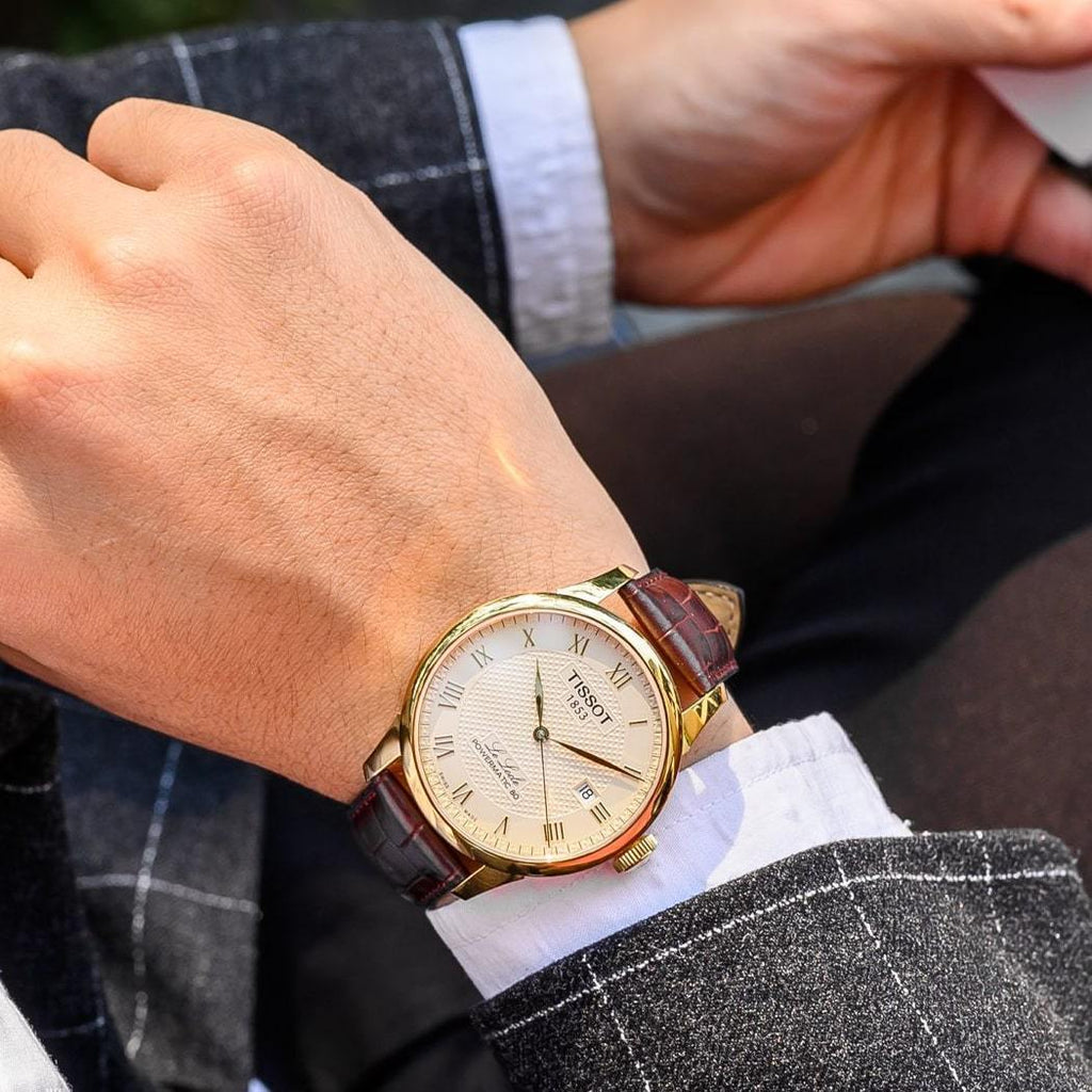 Buy Shop Tissot Le Locle Automatic Gold Dial Brown Leather Strap Watch For Men - T41.5.413.73 USA Online