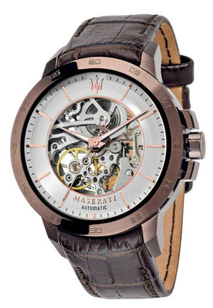 Buy Shop Maserati Ingegno Automatic White Skeleton Dial Brown Leather Strap Watch For Men - R8821119003 USA Online