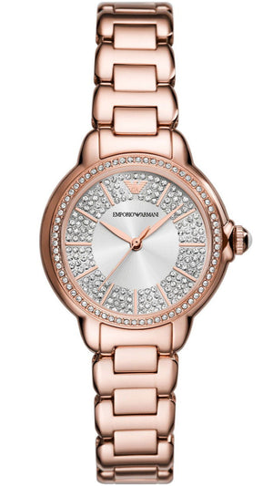 Buy Shop Emporio Armani Mia Three Hand Crystals Silver Dial Rose Gold Steel Strap Watch For Women - AR11633 USA Online