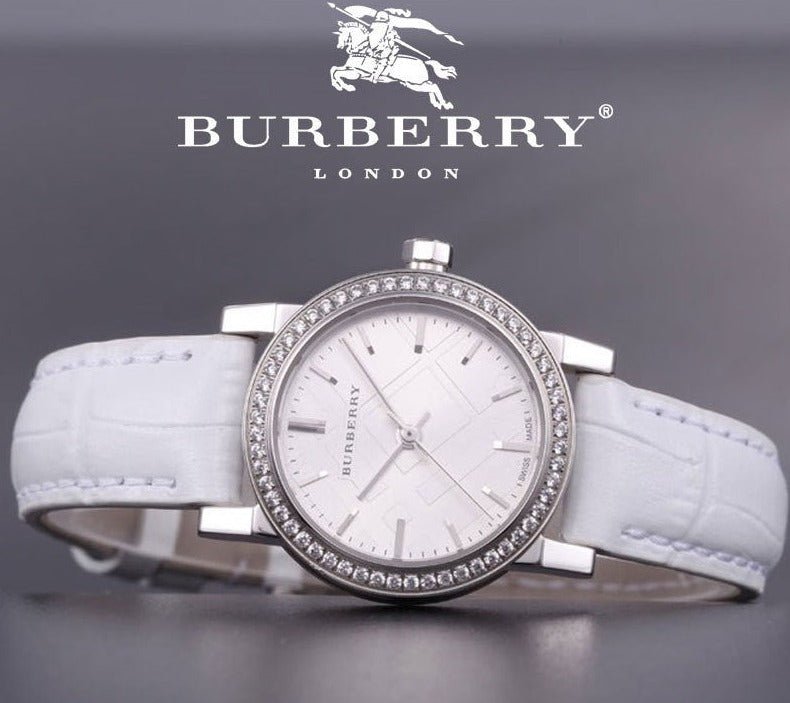 Buy Shop Burberry The City Diamonds Silver Dial White Leather Strap Watch for Women - BU9221 USA Online