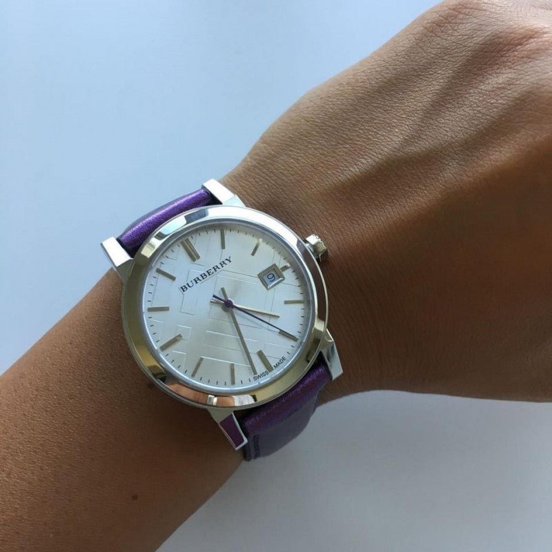 Buy Shop Burberry The City Silver Dial Purple Leather Strap Watch for Women - BU9122 USA Online