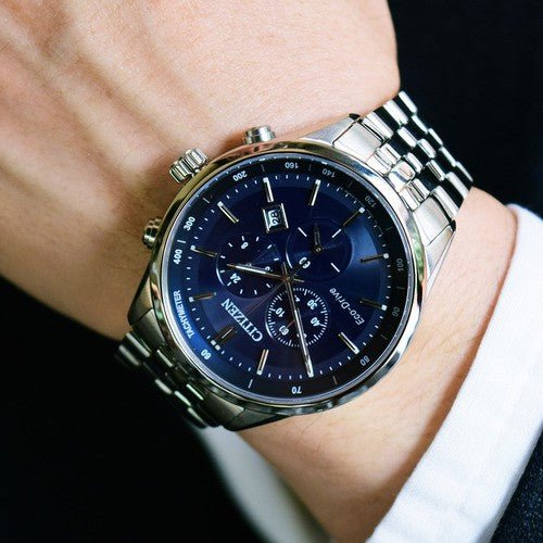 Buy Shop Citizen Eco Drive Chronograph Blue Dial Silver Steel Strap Watch For Men - AT2140-55L USA Online