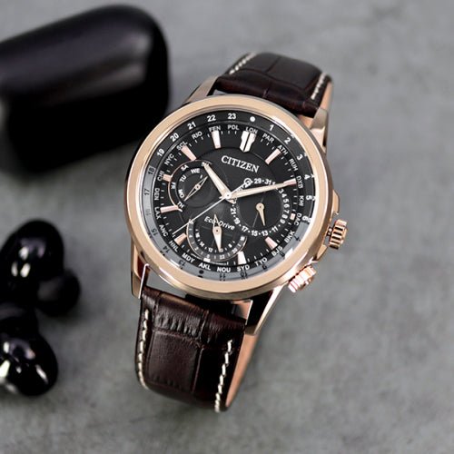 Buy Shop Citizen Eco Drive Calendrier Black Dial Brown Leather StrapWatch For Men - BU2023-12E USA Online