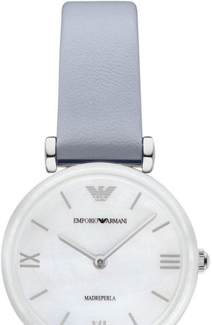 Buy Shop Emporio Armani Gianni T-Bar Mother Of Pearl White Dial Grey Leather Strap Watch For Women - AR11039 USA Online
