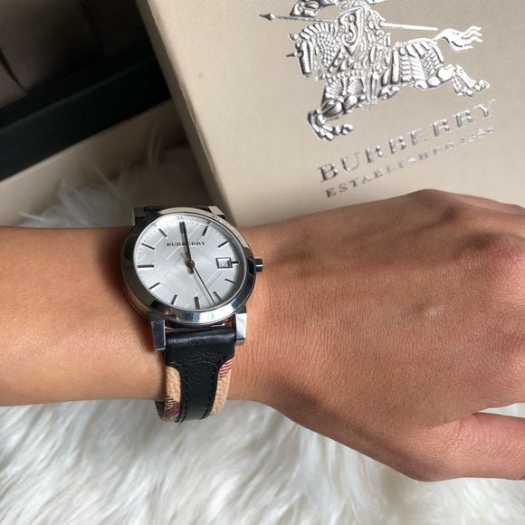 Buy Shop Burberry The City White Dial Black Haymarket Leather Strap Watch for Women - BU9150 USA Online