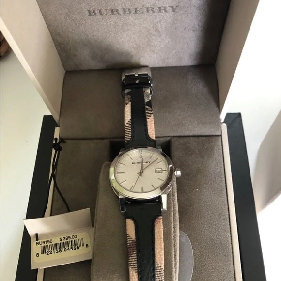 Buy Shop Burberry The City White Dial Black Haymarket Leather Strap Watch for Women - BU9150 USA Online