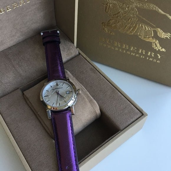 Buy Shop Burberry The City Silver Dial Purple Leather Strap Watch for Women - BU9122 USA Online