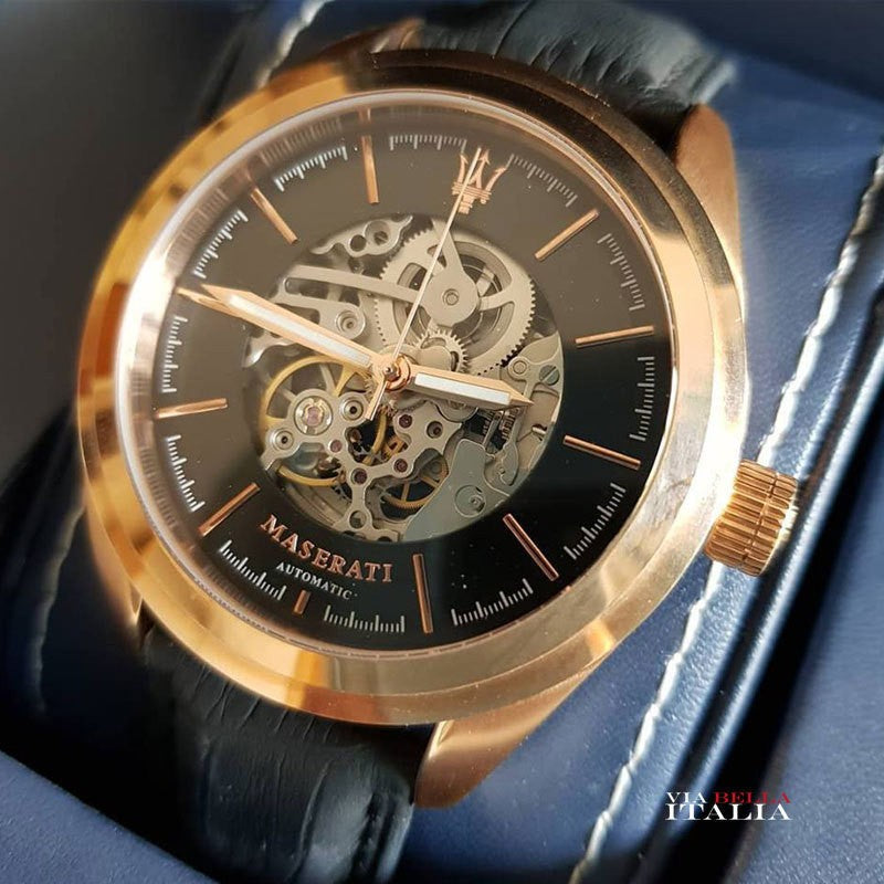 Buy Shop Maserati Traguardo Automatic Black Skeleton Dial Black Leather Strap Watch For Men - R8821112001 USA Online