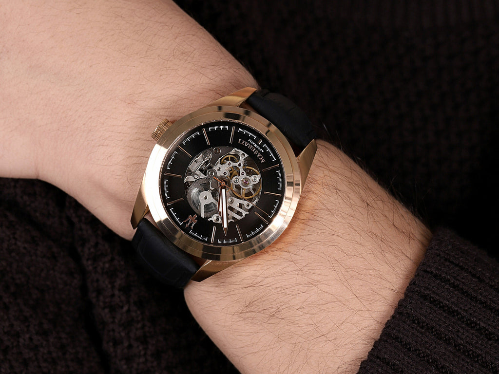 Buy Shop Maserati Traguardo Automatic Black Skeleton Dial Black Leather Strap Watch For Men - R8821112001 USA Online