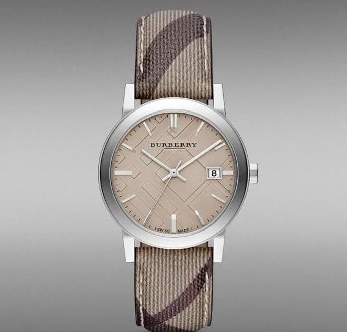 Buy Shop Burberry The City Beige Dial Chequered Brown Leather Strap Watch for Women - BU9029 USA Online