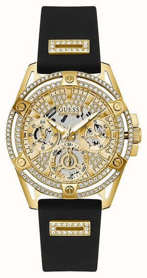 Buy Shop Guess Queen Quartz Gold Dial Black Silicone Strap Watch For Women - GW0536L3 USA Online