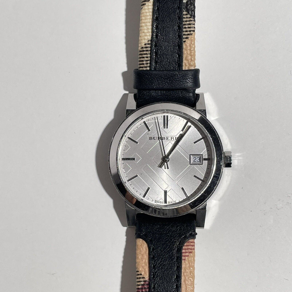 Buy Shop Burberry The City White Dial Black Haymarket Leather Strap Watch for Women - BU9150 USA Online