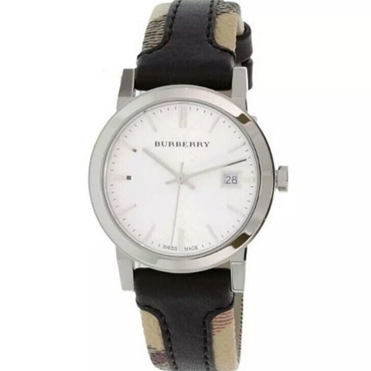 Buy Shop Burberry The City White Dial Black Haymarket Leather Strap Watch for Women - BU9150 USA Online