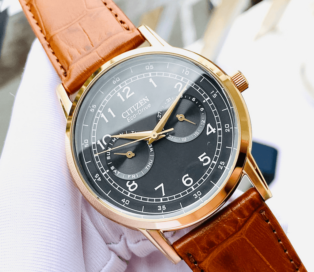 Buy Shop Citizen Eco Drive Multi Function Day & Date Black Dial Brown Leather Strap Watch For Men - AO9003-08E USA Online