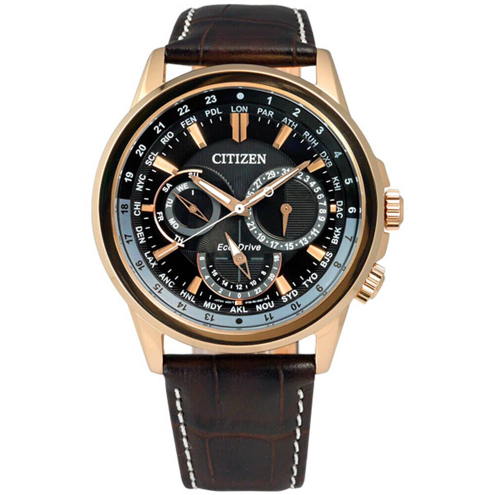 Buy Shop Citizen Eco Drive Calendrier Black Dial Brown Leather StrapWatch For Men - BU2023-12E USA Online