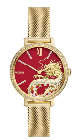 Buy Shop Fossil Jacqueline Dragonsteel Limited Edition Red Dial Gold Mesh Strap Watch for Women - ES5316 USA Online