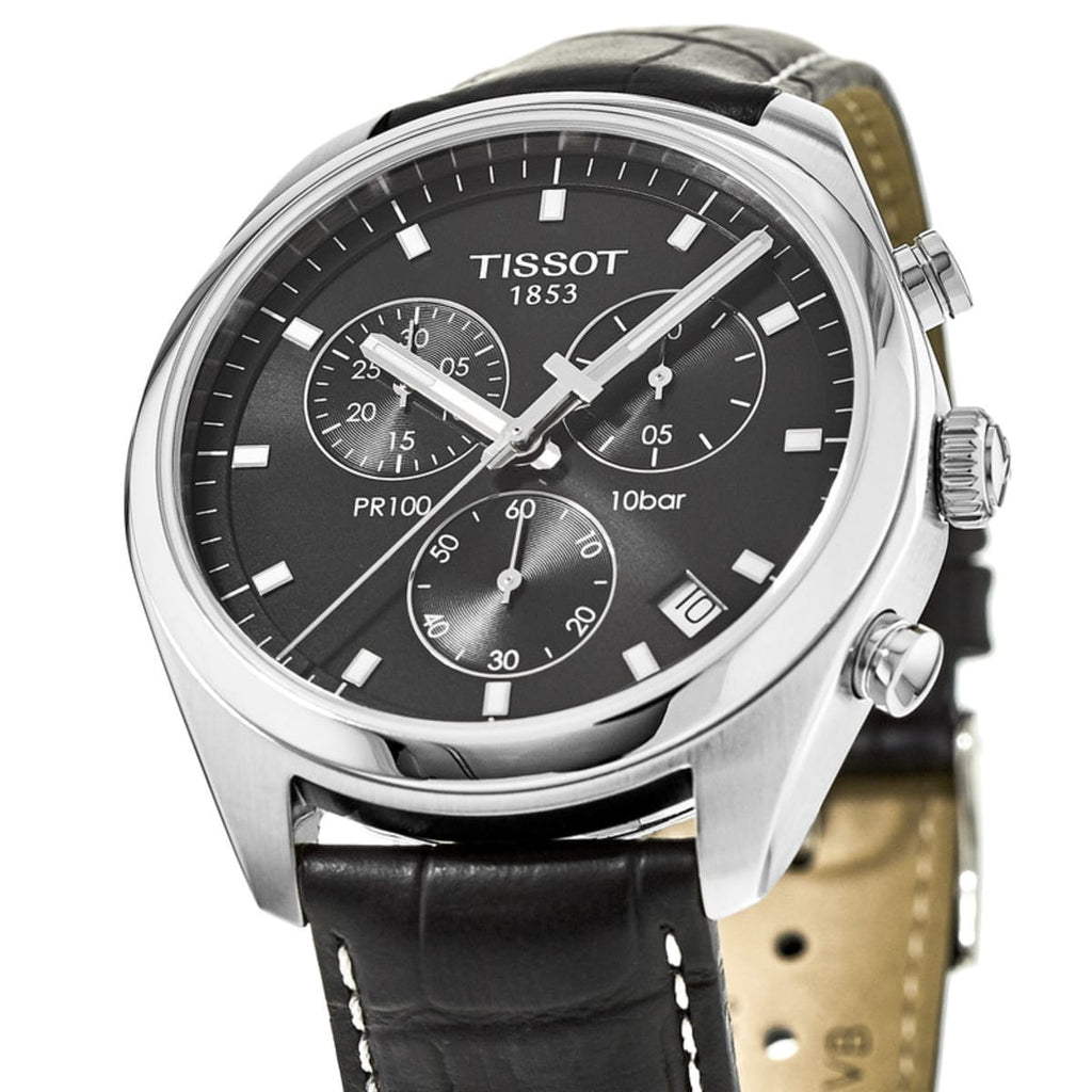 Buy Shop Tissot PR 100 Chronograph Black Dial Black Leather Strap Watch For Men - T101.417.16.051.00 USA Online
