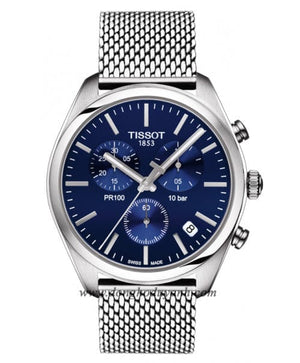 Buy Shop Tissot PR 100 Chronograph Blue Dial Silver Mesh Bracelet Watch for Men - T101.417.11.041.00 USA Online
