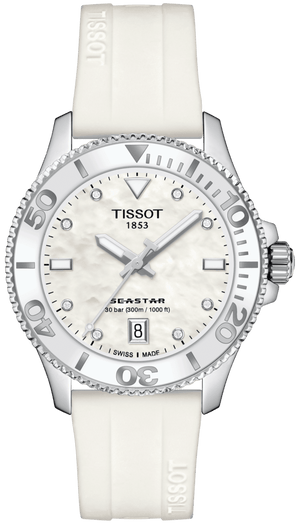 Buy Shop Tissot Seastar 1000 Mother of Pearl White Dial White Rubber Strap Watch for Women - T120.210.17.116.00 USA Online