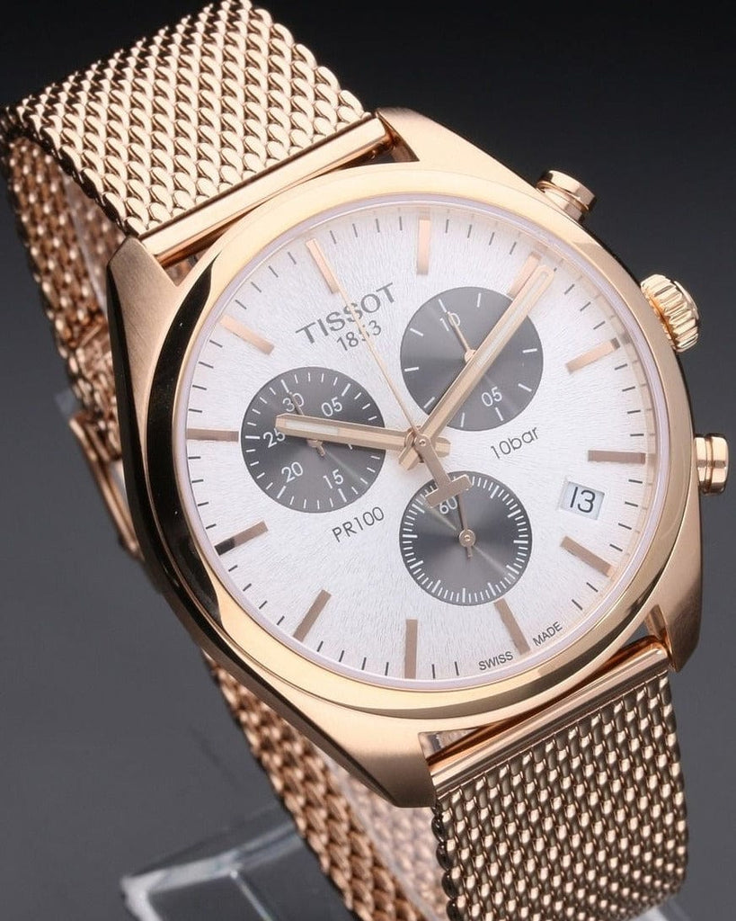 Buy Shop Tissot T Classic PR 100 Chronograph Silver Dial Rose Gold Mesh Bracelet Watch For Men - T101.417.33.031.01 USA Online