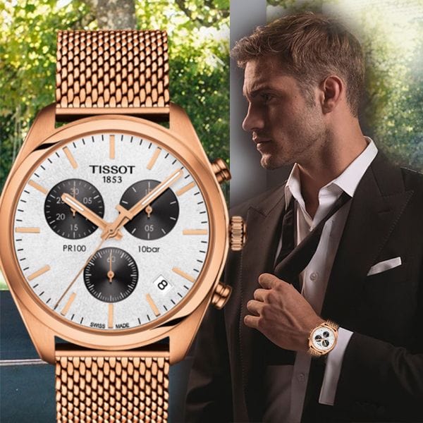 Buy Shop Tissot T Classic PR 100 Chronograph Silver Dial Rose Gold Mesh Bracelet Watch For Men - T101.417.33.031.01 USA Online