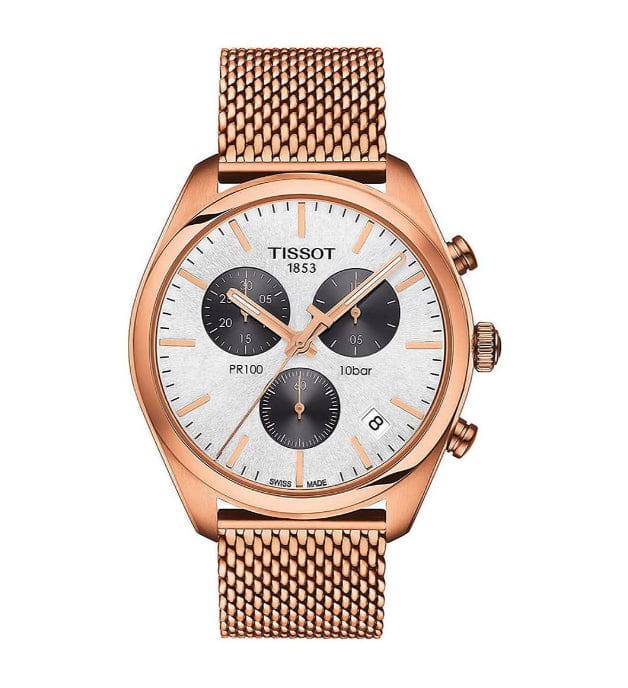 Buy Shop Tissot T Classic PR 100 Chronograph Silver Dial Rose Gold Mesh Bracelet Watch For Men - T101.417.33.031.01 USA Online