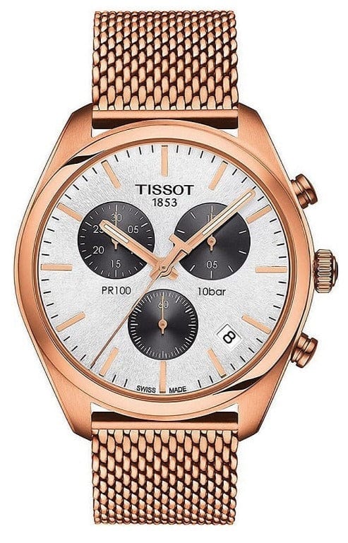Buy Shop Tissot T Classic PR 100 Chronograph Silver Dial Rose Gold Mesh Bracelet Watch For Men - T101.417.33.031.01 USA Online