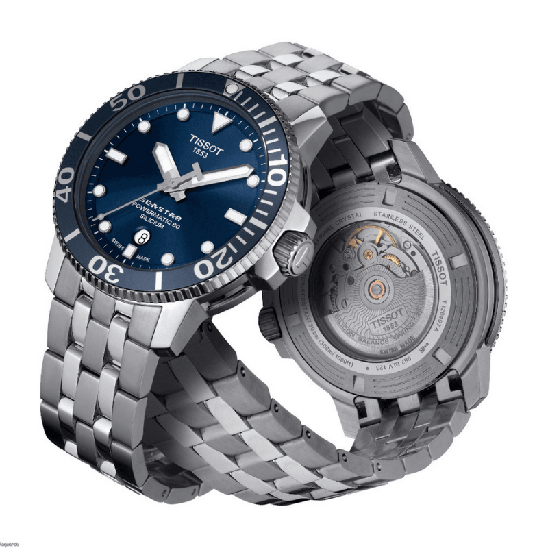 Buy Shop Tissot T Sport Seastar 1000 Powermatic Silicium Blue Dial Silver Steel Strap Watch For Men - T120.407.11.041.01 USA Online